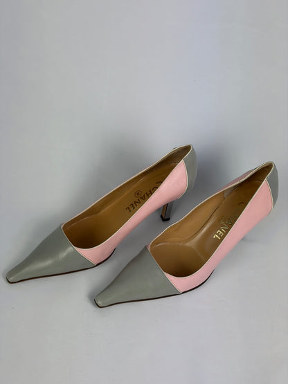 Chanel Pink and Grey Leather Heels - 6 UK