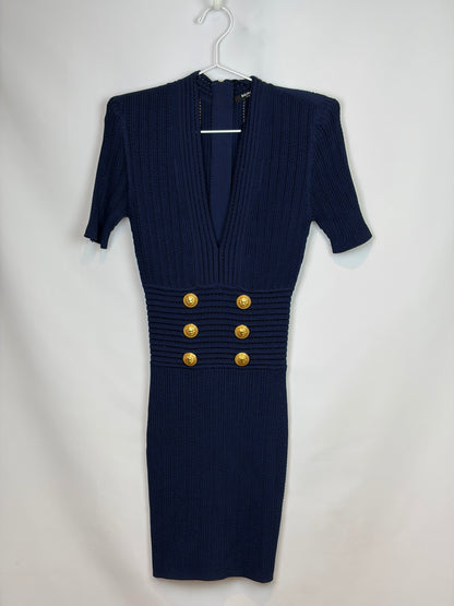 Balmain Navy Blue Ribbed Knit Short Sleeve Dress - 8 UK