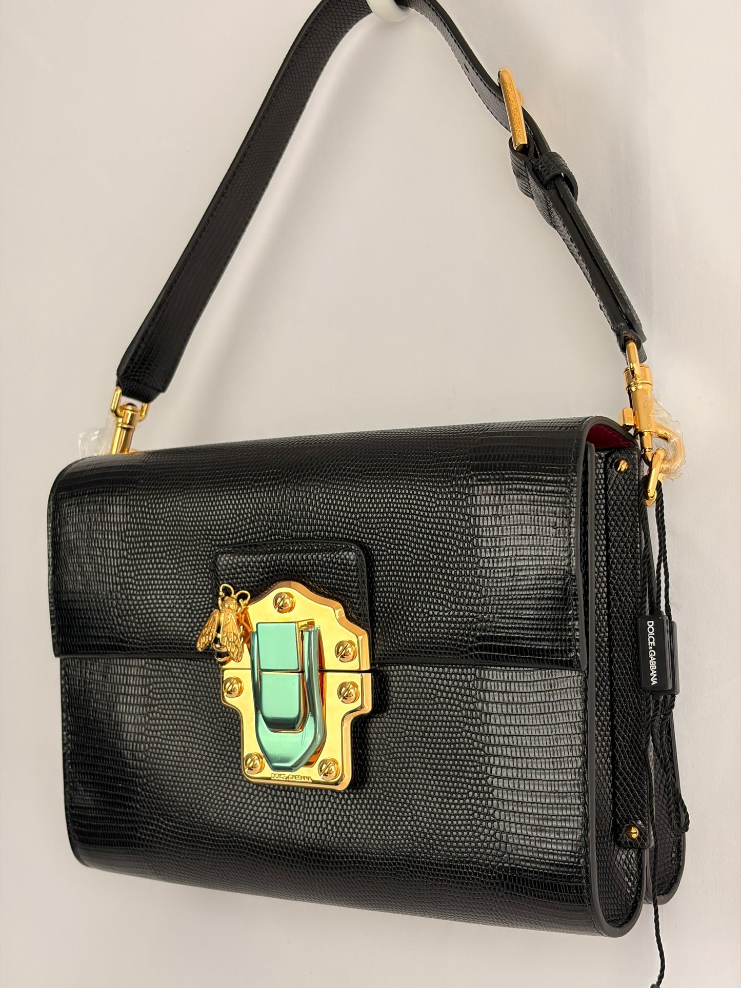 Dolce & Gabbana Lucia Black Iguana Embossed Leather Crossbody Bag