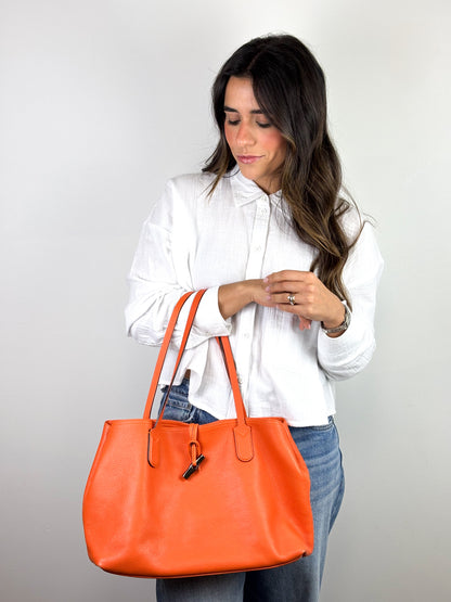 Longchamp Roseau Essential Tote Grained Leather Orange