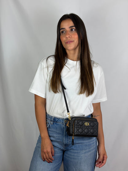 Christian Dior Black Cannage Leather Caro Double Pouch Crossbody Bag