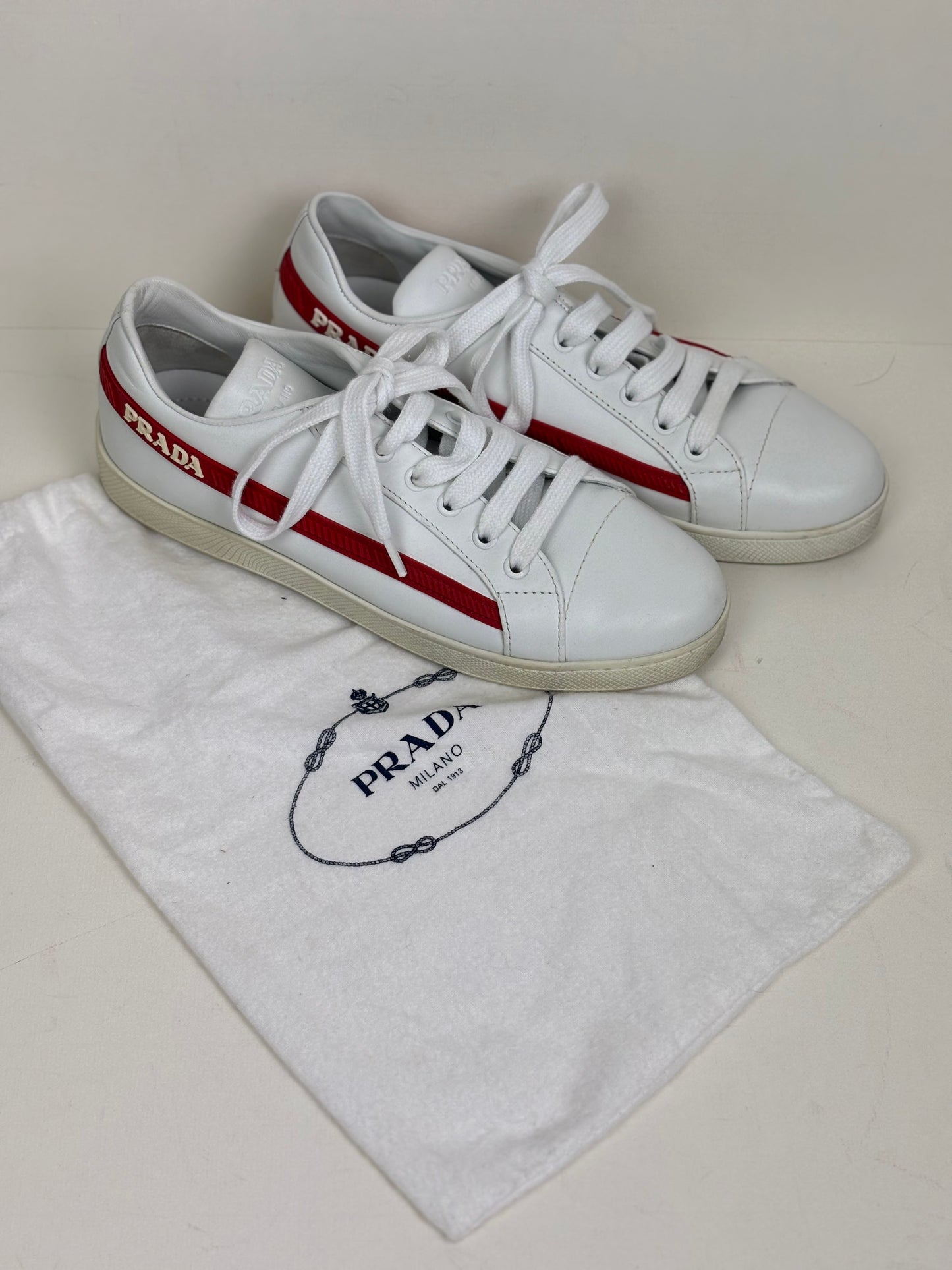Prada Vitello Soft Leather Lace-Up Trainers White and Red - 5 UK
