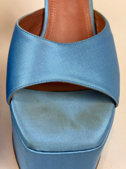 Amina Muaddi Blue Satin Platform Heeled Mules Price - 5.5 UK