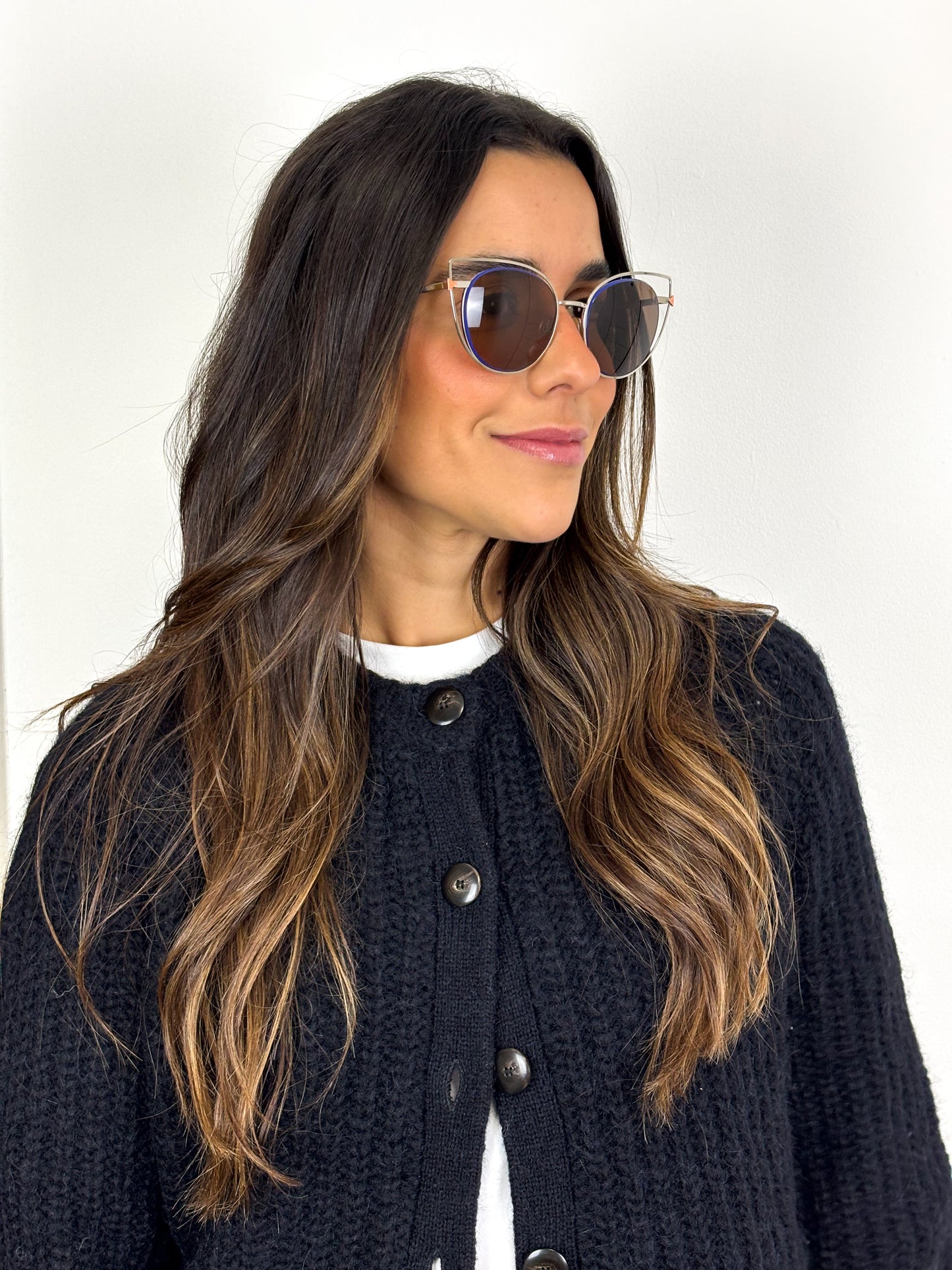 Fendi Eyeshine Round Metal Sunglasses with Blue Cat-Eye Frame Detail