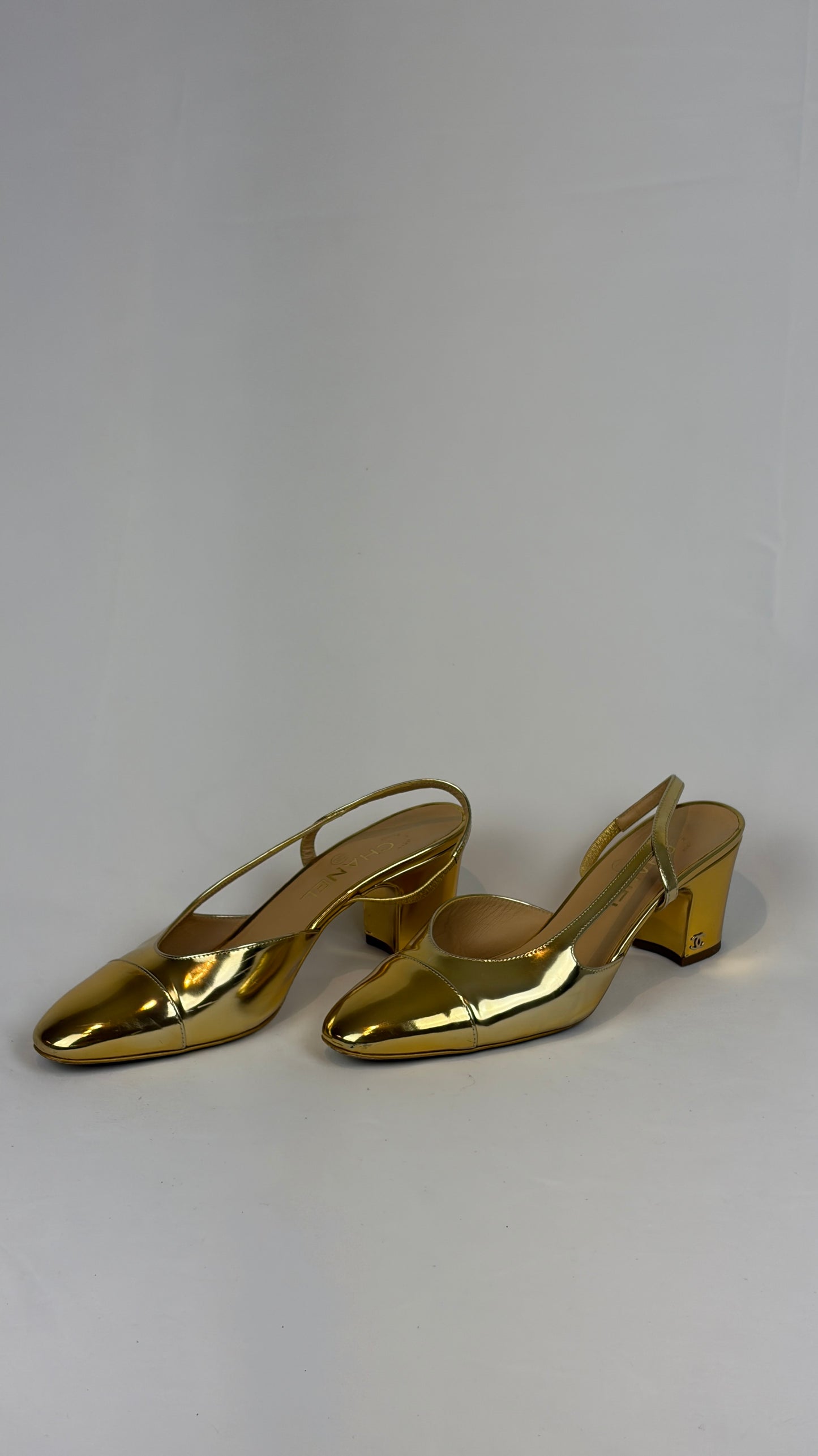 Chanel Gold Metallic Leather Slingback Block Heel Pumps - 5.5 UK