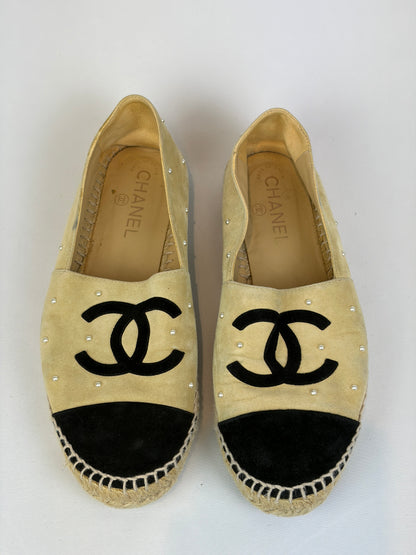Chanel Beige Suede Pearl Embellished CC Espadrilles - 6 UK