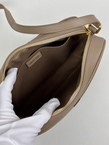 Burberry Check Camera Bag in Chestnut Beige Leather and Canvas