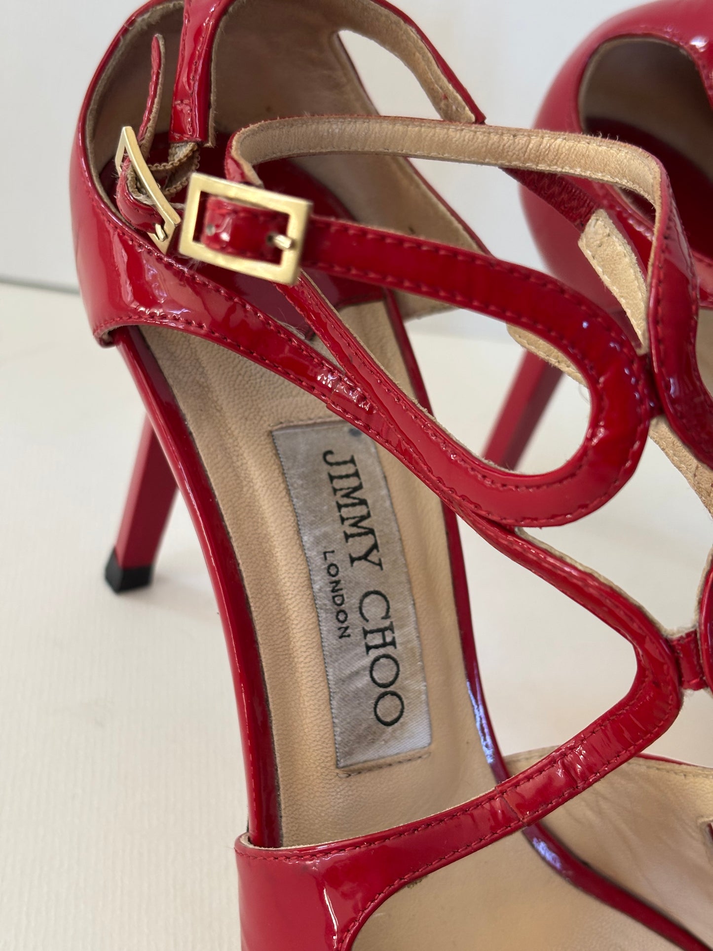 Jimmy Choo Lancer Patent Leather Strappy Sandals in Red - 5 UK