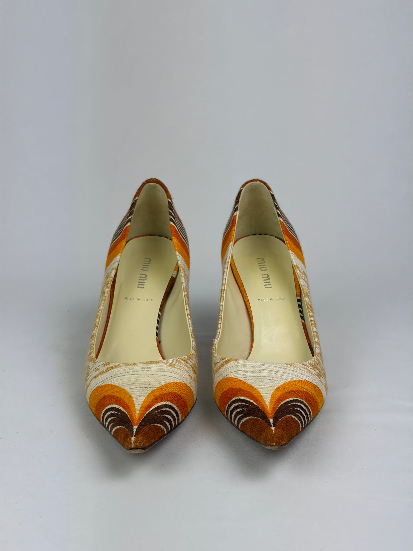 Miu Miu Multicolour Fabric Pointed-Toe Pumps, Orange/Brown/Beige — 5 UK