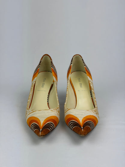 Miu Miu Multicolour Fabric Pointed-Toe Pumps, Orange/Brown/Beige — 5 UK