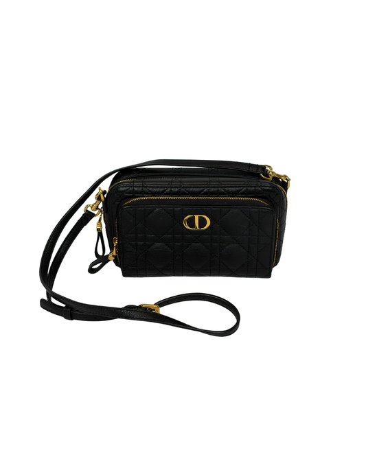 Christian Dior Black Cannage Leather Caro Double Pouch Crossbody Bag
