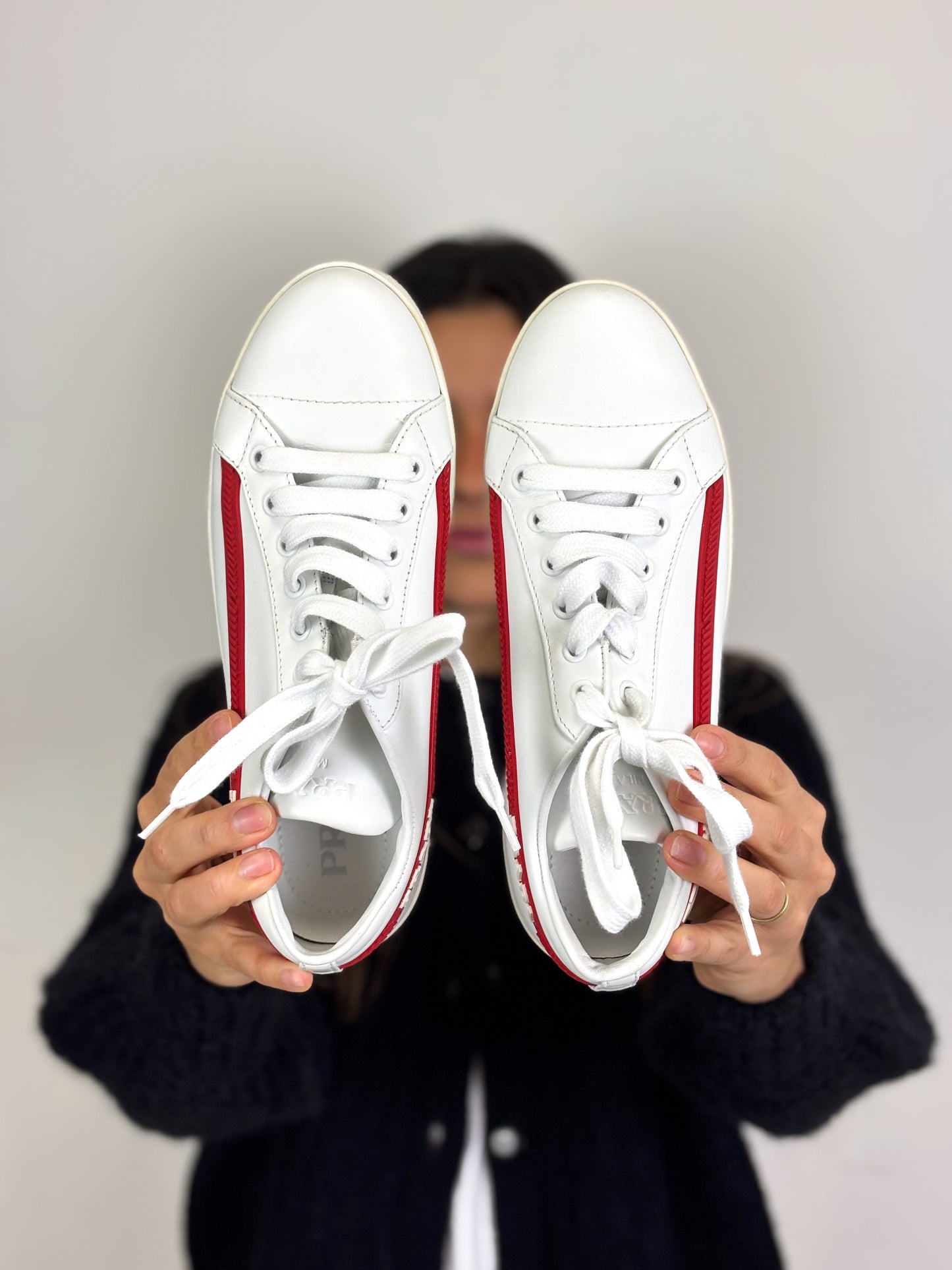 Prada Vitello Soft Leather Lace-Up Trainers White and Red - 5 UK