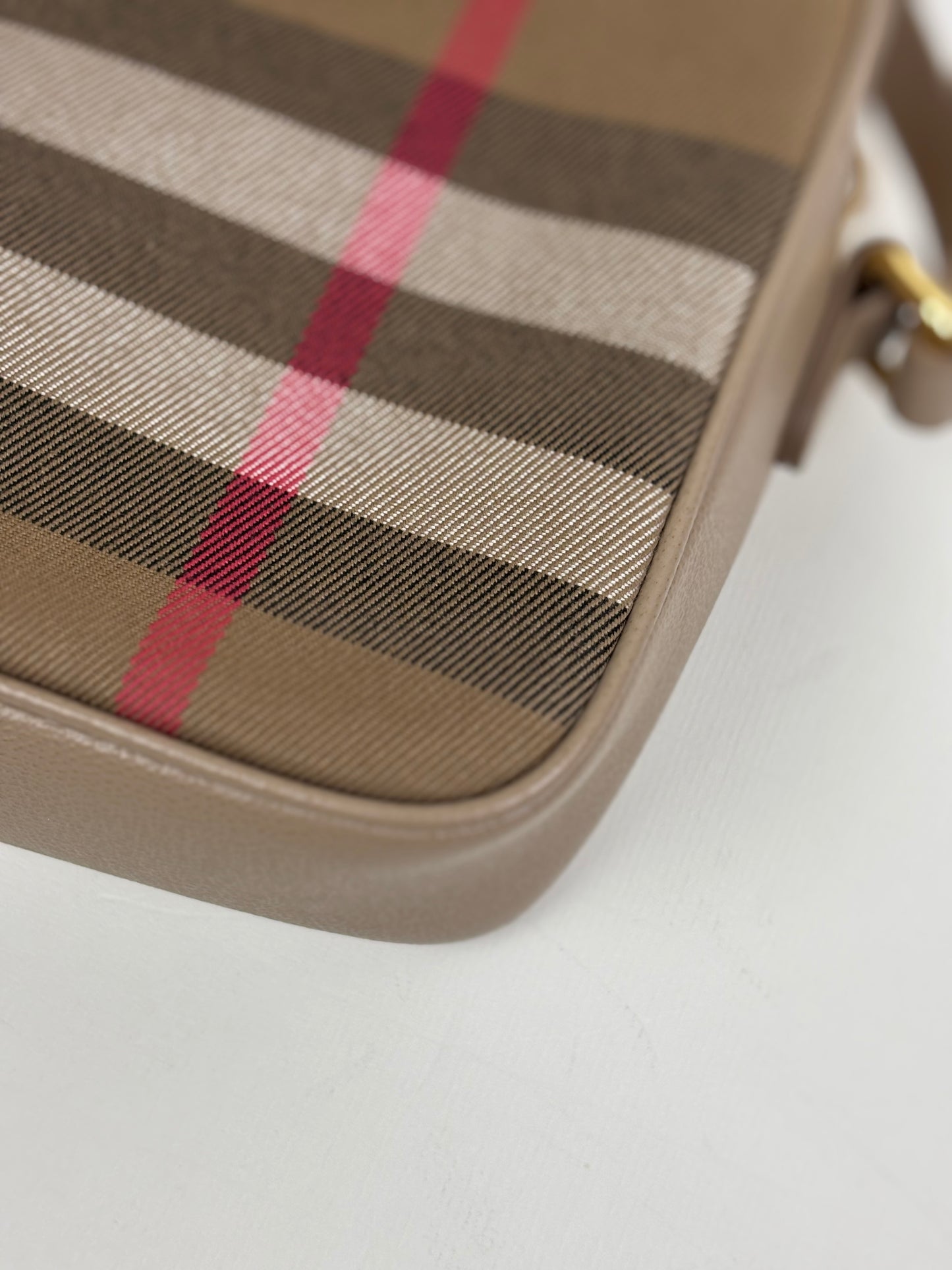 Burberry Check Camera Bag in Chestnut Beige Leather and Canvas