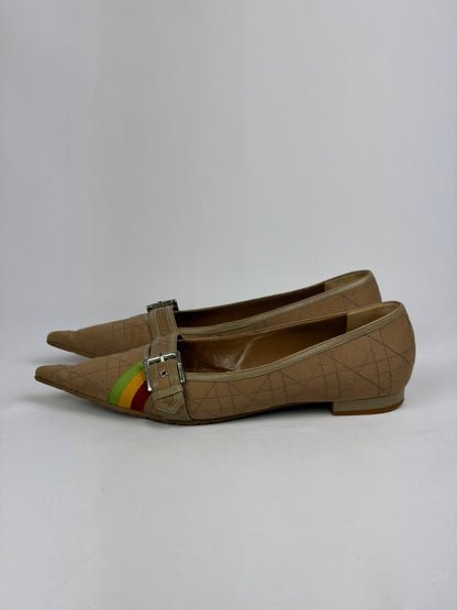 Dior Cannage Beige Pointed Flats with Buckle & Striped Detail - 6 UK