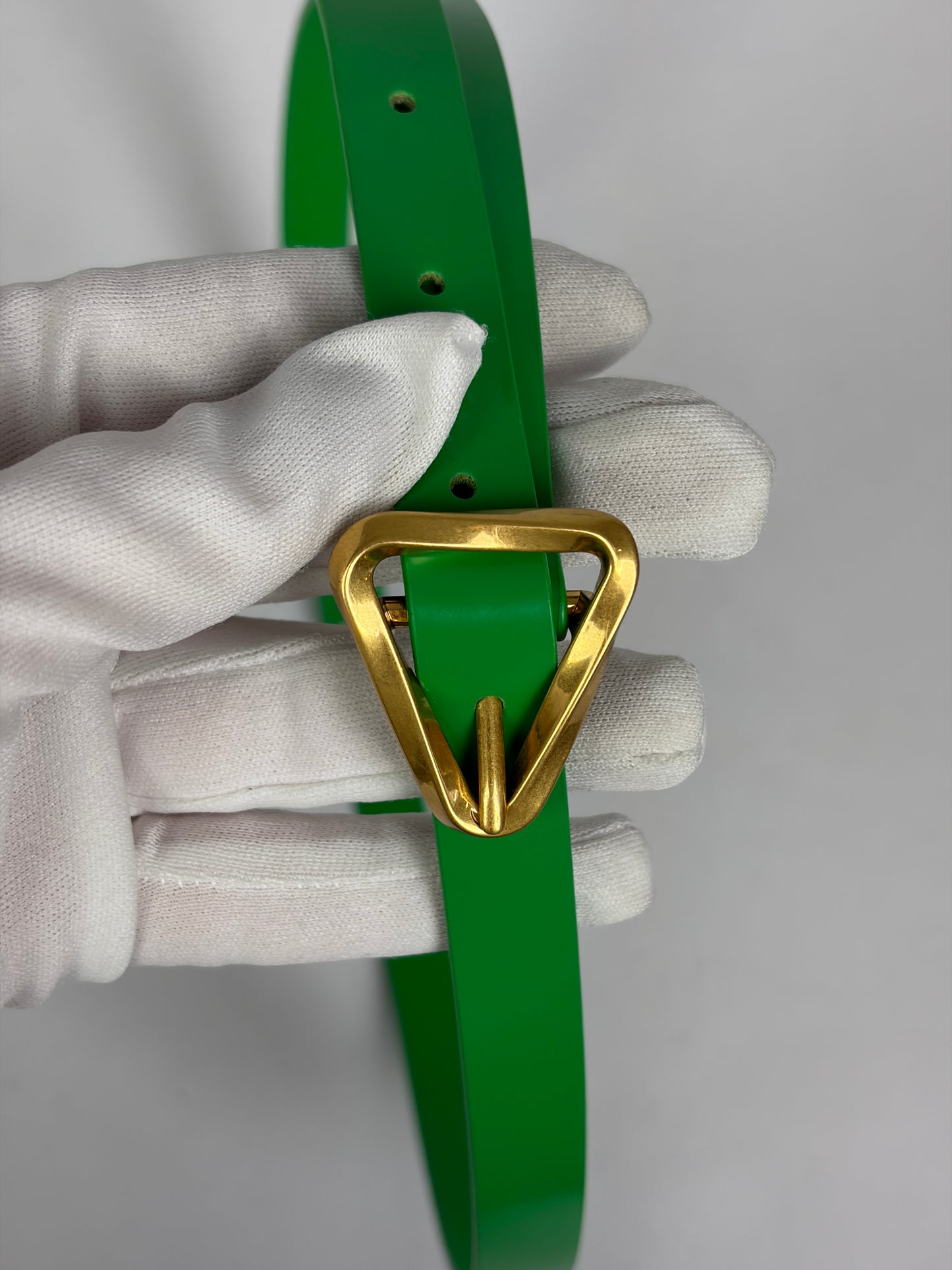 Bottega Veneta Emerald Green Leather Belt with Gold Triangle Buckle