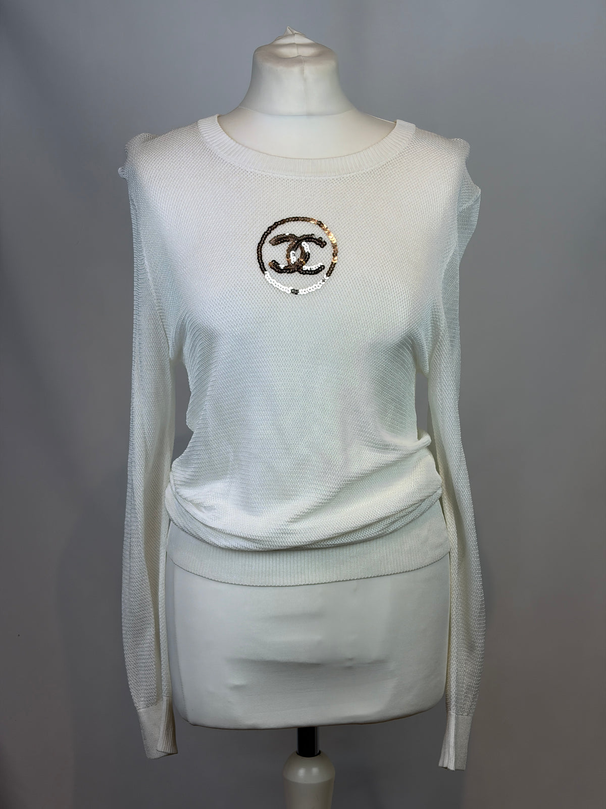 Chanel 19P White Viscose Mesh Sequin CC Jumper - 12 UK