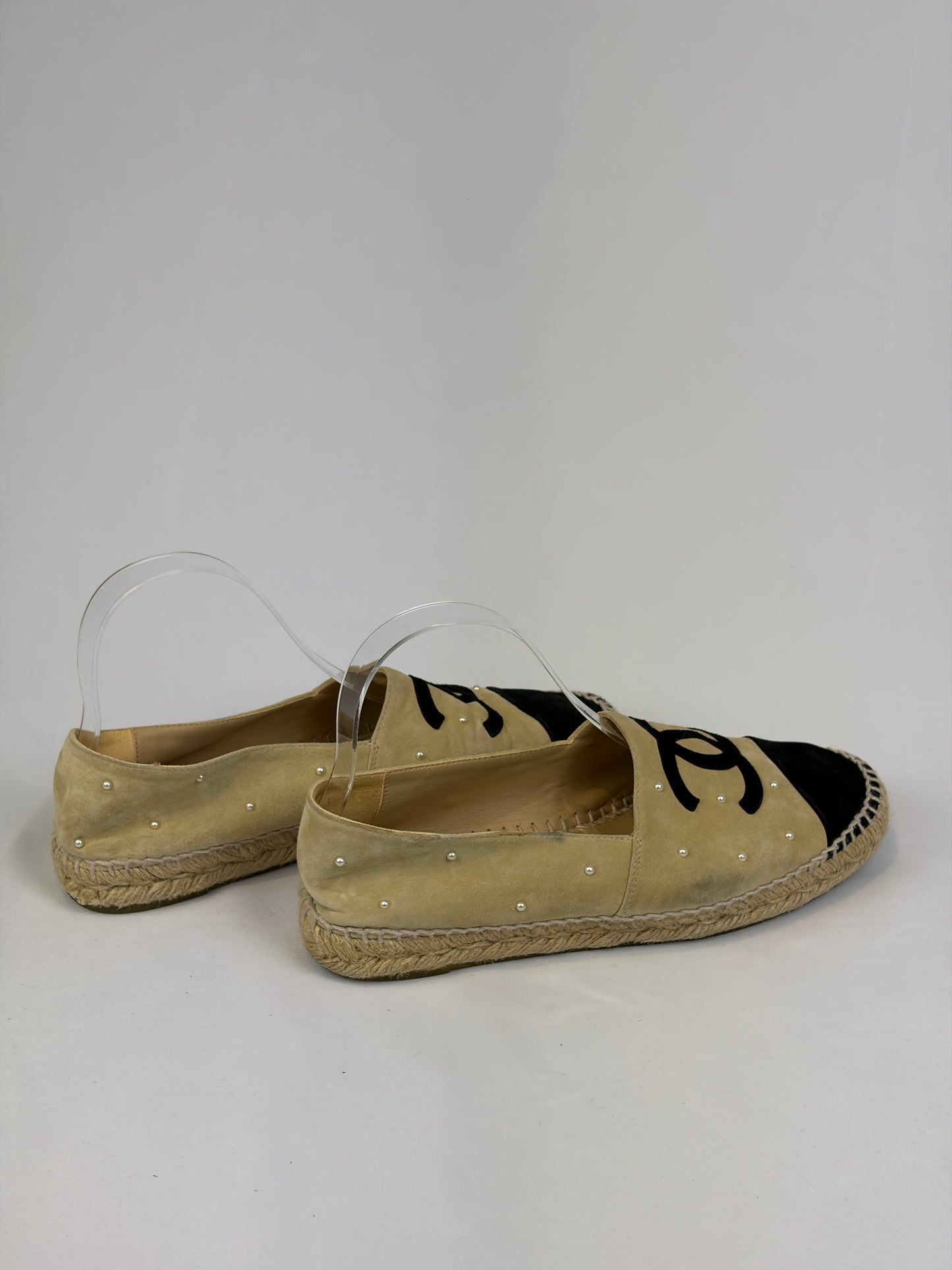 Chanel Beige Suede Pearl Embellished CC Espadrilles - 6 UK
