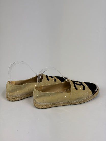 Chanel Beige Suede Pearl Embellished CC Espadrilles - 6 UK
