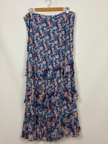 RIXO Floral Ruffle Tiered Skirt, Blue/White/Red - 16 UK
