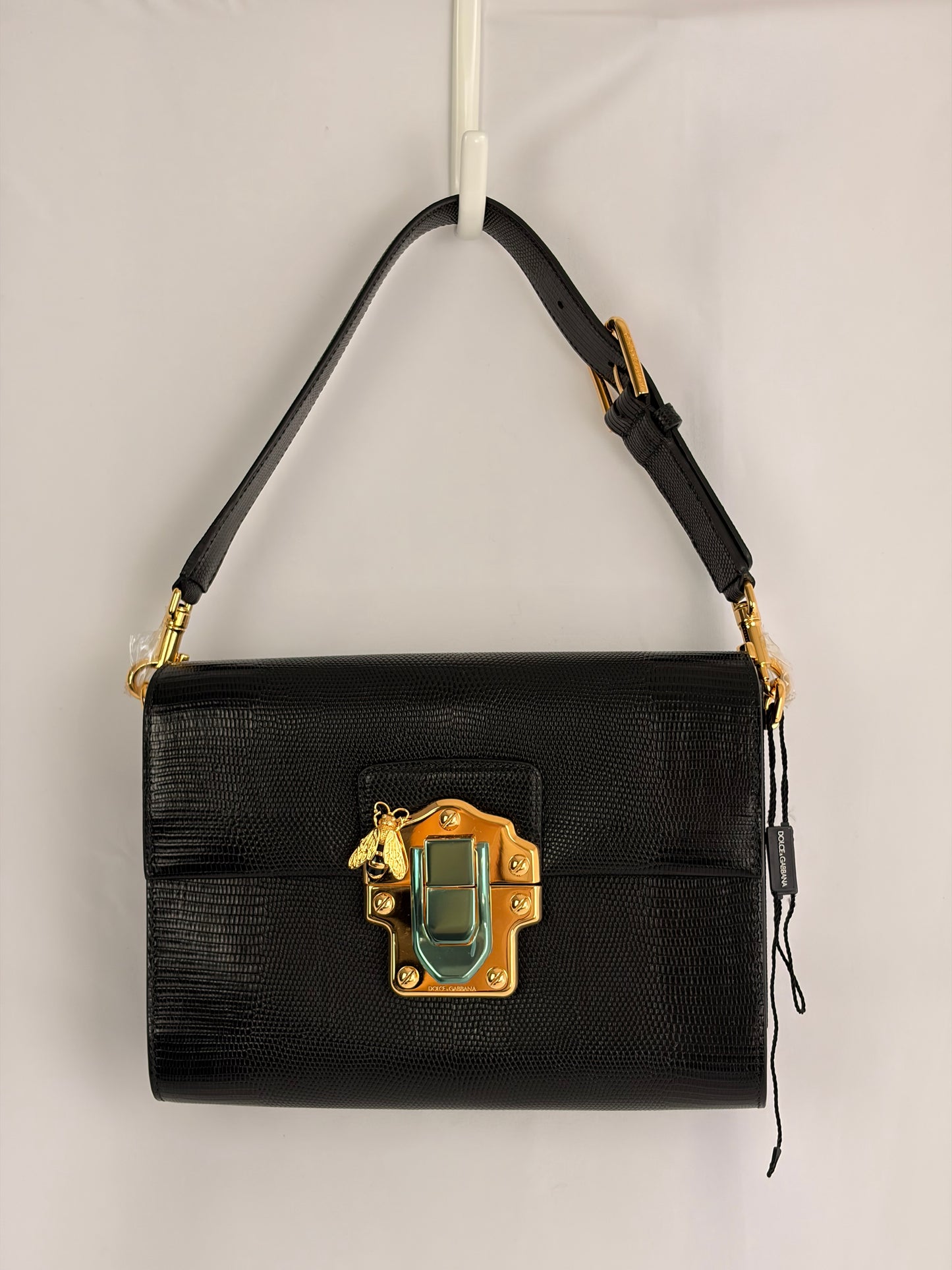 Dolce & Gabbana Lucia Black Iguana Embossed Leather Crossbody Bag