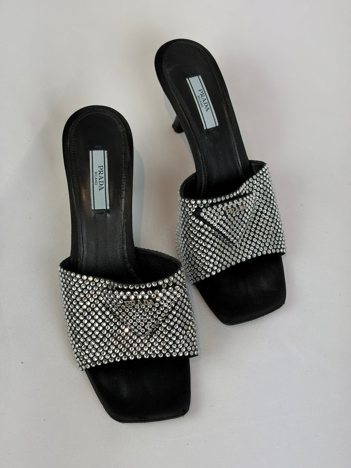 Prada Black Satin Crystal Embellished Kitten Heel Mules - Size 5 UK