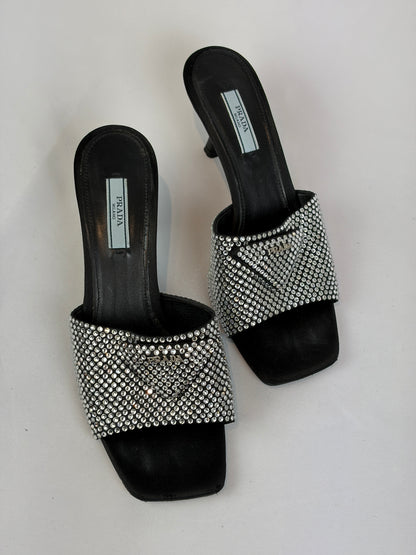 Prada Black Satin Crystal Embellished Kitten Heel Mules - Size 5 UK