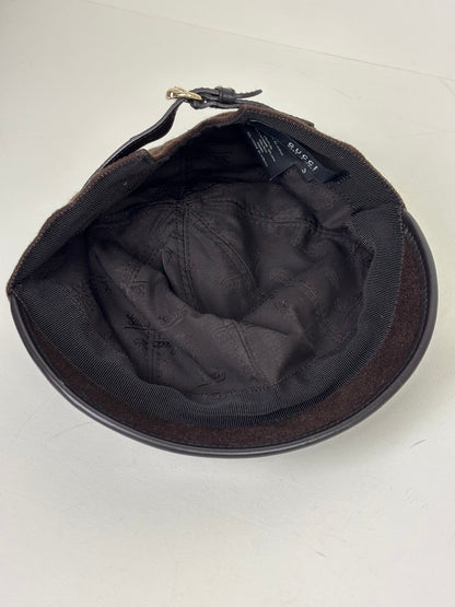 Gucci Cashmere and Wool Blend Baker Boy Hat with Leather Trim Chocolate Brown - S