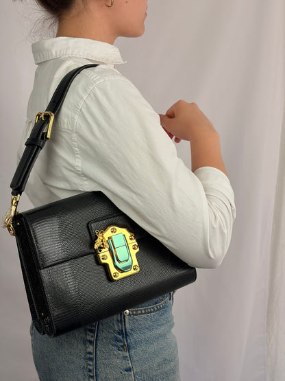 Dolce & Gabbana Lucia Black Iguana Embossed Leather Crossbody Bag