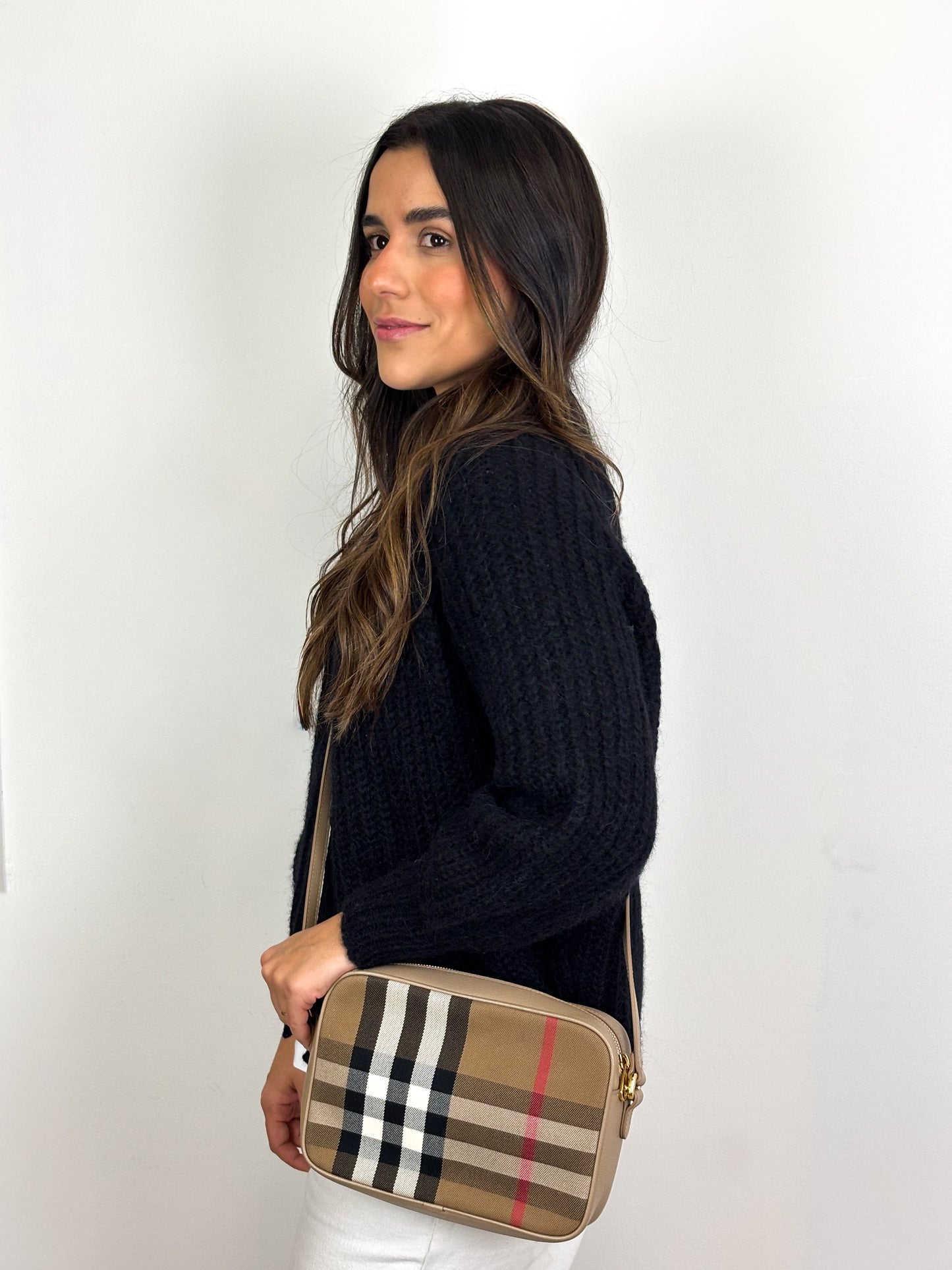 Burberry Check Camera Bag in Chestnut Beige Leather and Canvas