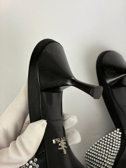 Prada Black Satin Crystal Embellished Kitten Heel Mules - Size 5 UK