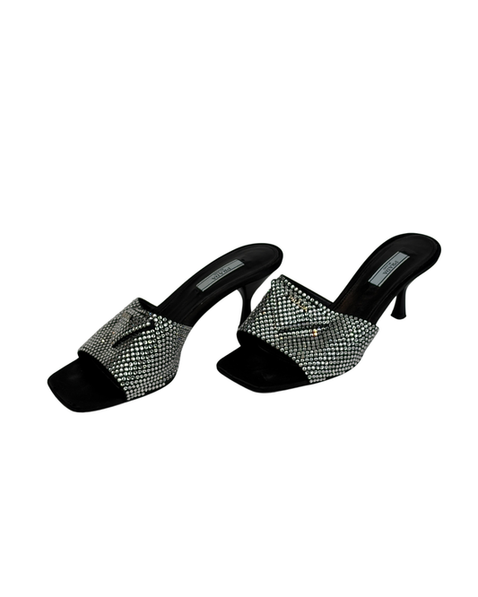 Prada Black Satin Crystal Embellished Kitten Heel Mules - Size 5 UK
