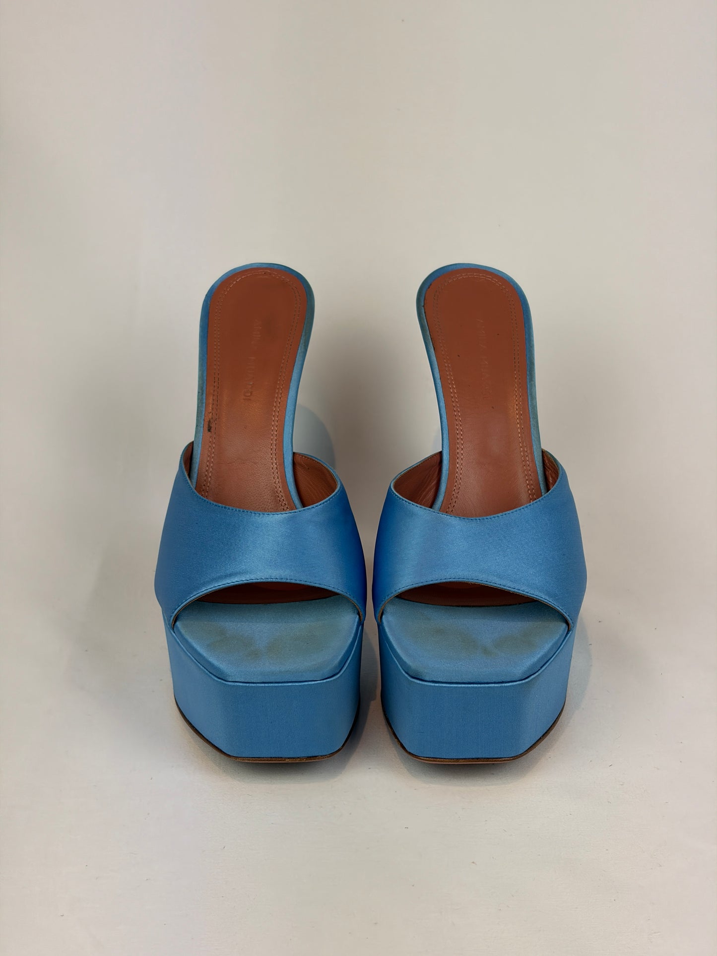 Amina Muaddi Blue Satin Platform Heeled Mules Price - 5.5 UK