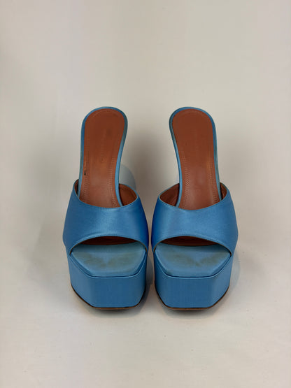 Amina Muaddi Blue Satin Platform Heeled Mules Price - 5.5 UK