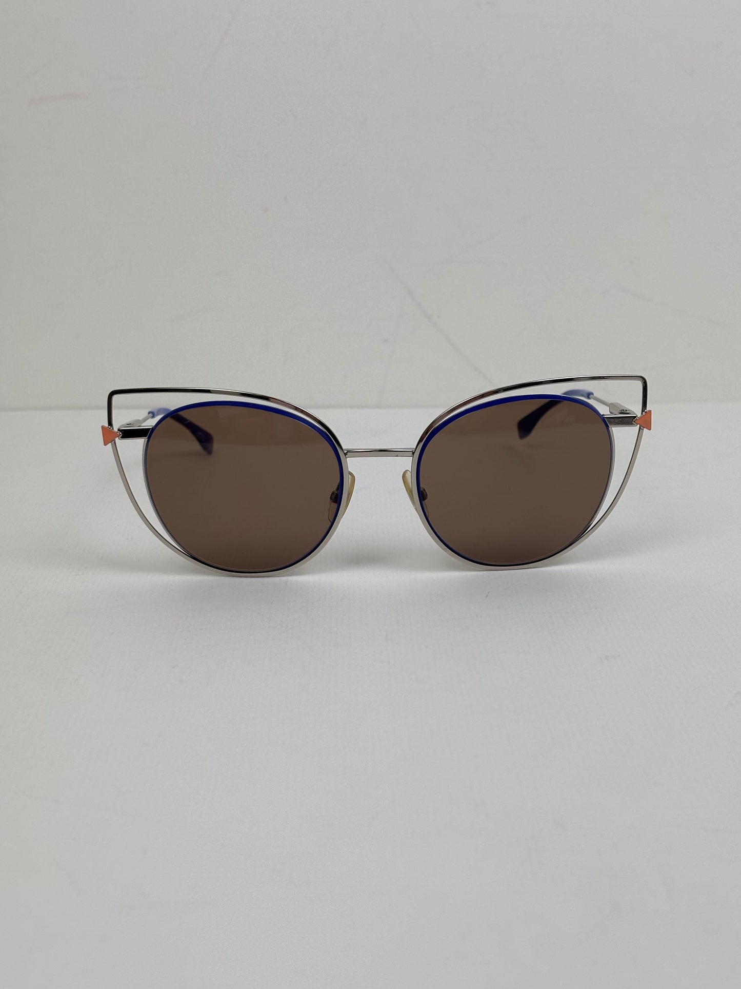 Fendi Eyeshine Round Metal Sunglasses with Blue Cat-Eye Frame Detail