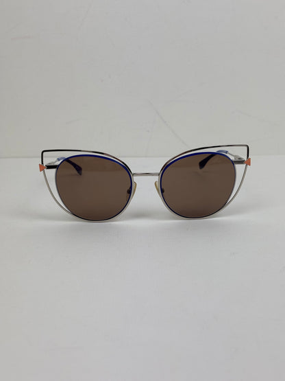 Fendi Eyeshine Round Metal Sunglasses with Blue Cat-Eye Frame Detail