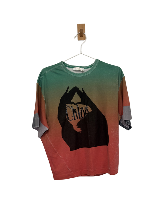 Chloé Ombré Sunset Graphic Print Cotton T-Shirt Green Red - M