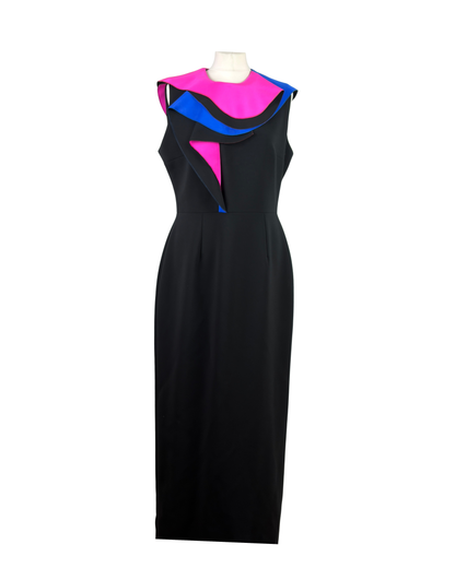 Roksanda Black Evening Gown with Pink and Cobalt Sculptural Collar - 16 UK