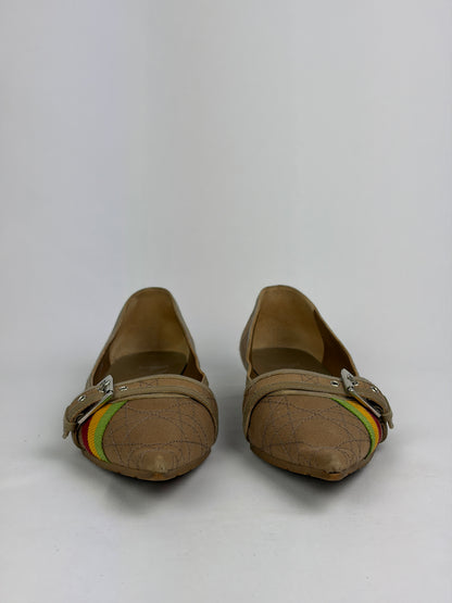 Dior Cannage Beige Pointed Flats with Buckle & Striped Detail - 6 UK