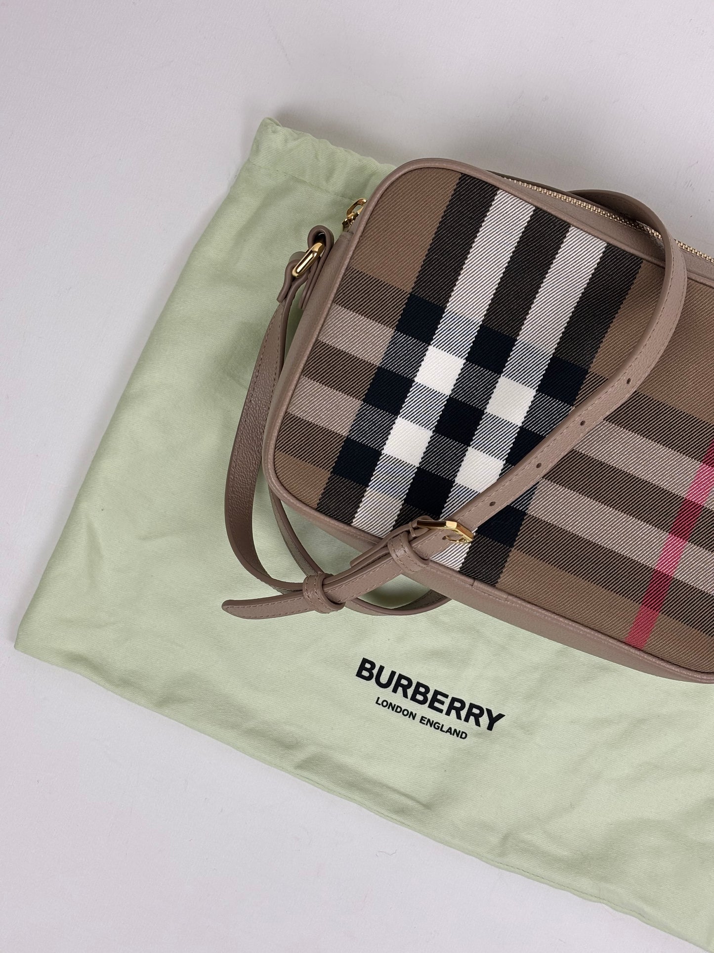 Burberry Check Camera Bag in Chestnut Beige Leather and Canvas