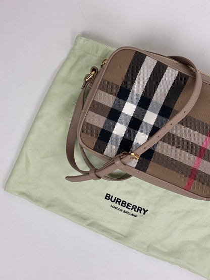 Burberry Check Camera Bag in Chestnut Beige Leather and Canvas