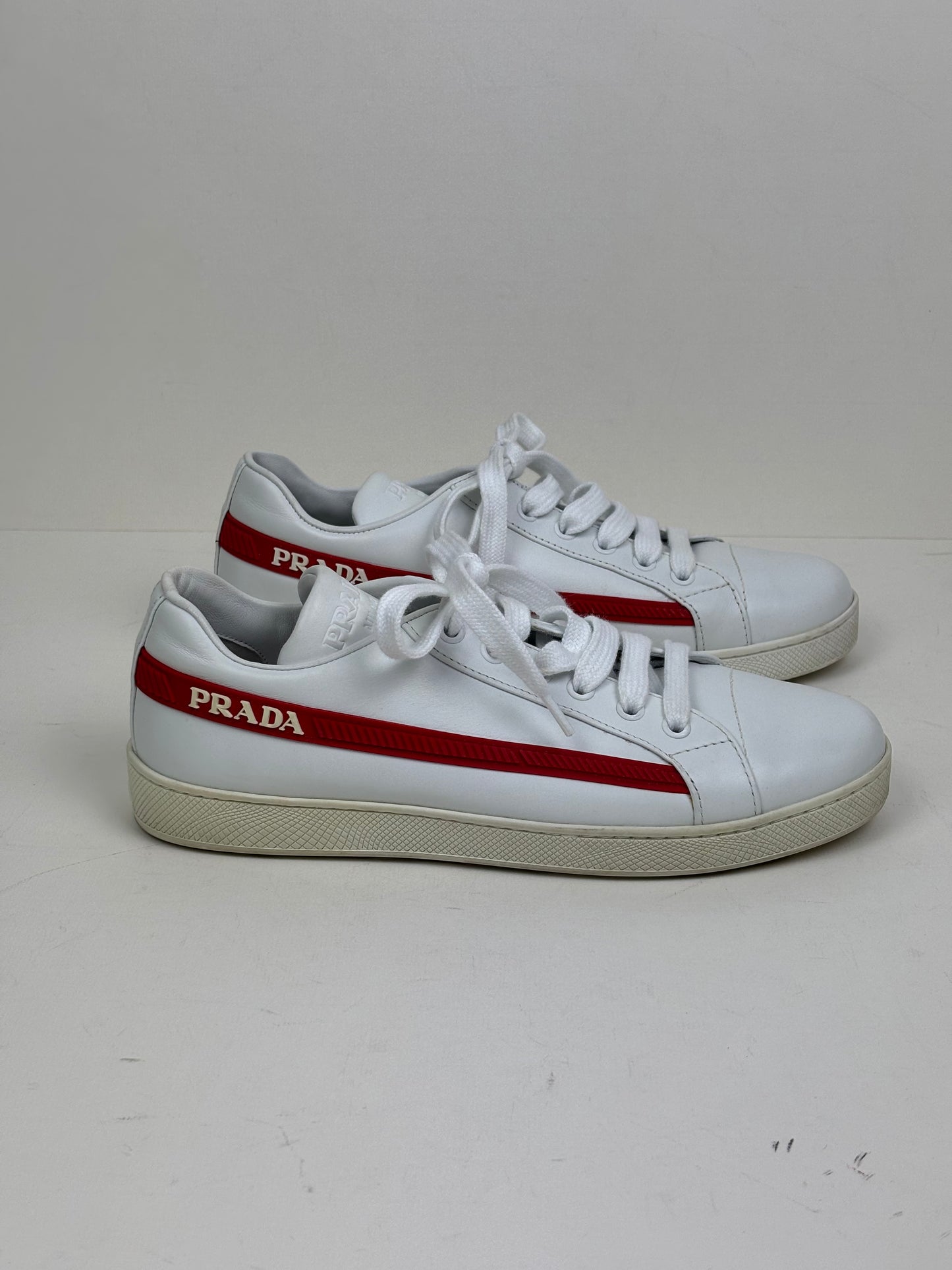 Prada Vitello Soft Leather Lace-Up Trainers White and Red - 5 UK