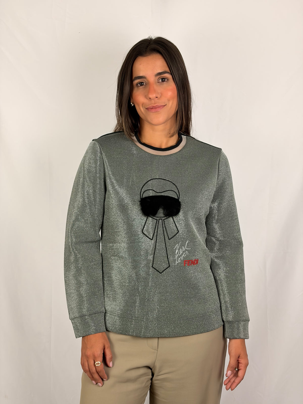 Fendi Karlito Embellished Silver Lurex Jumper - M