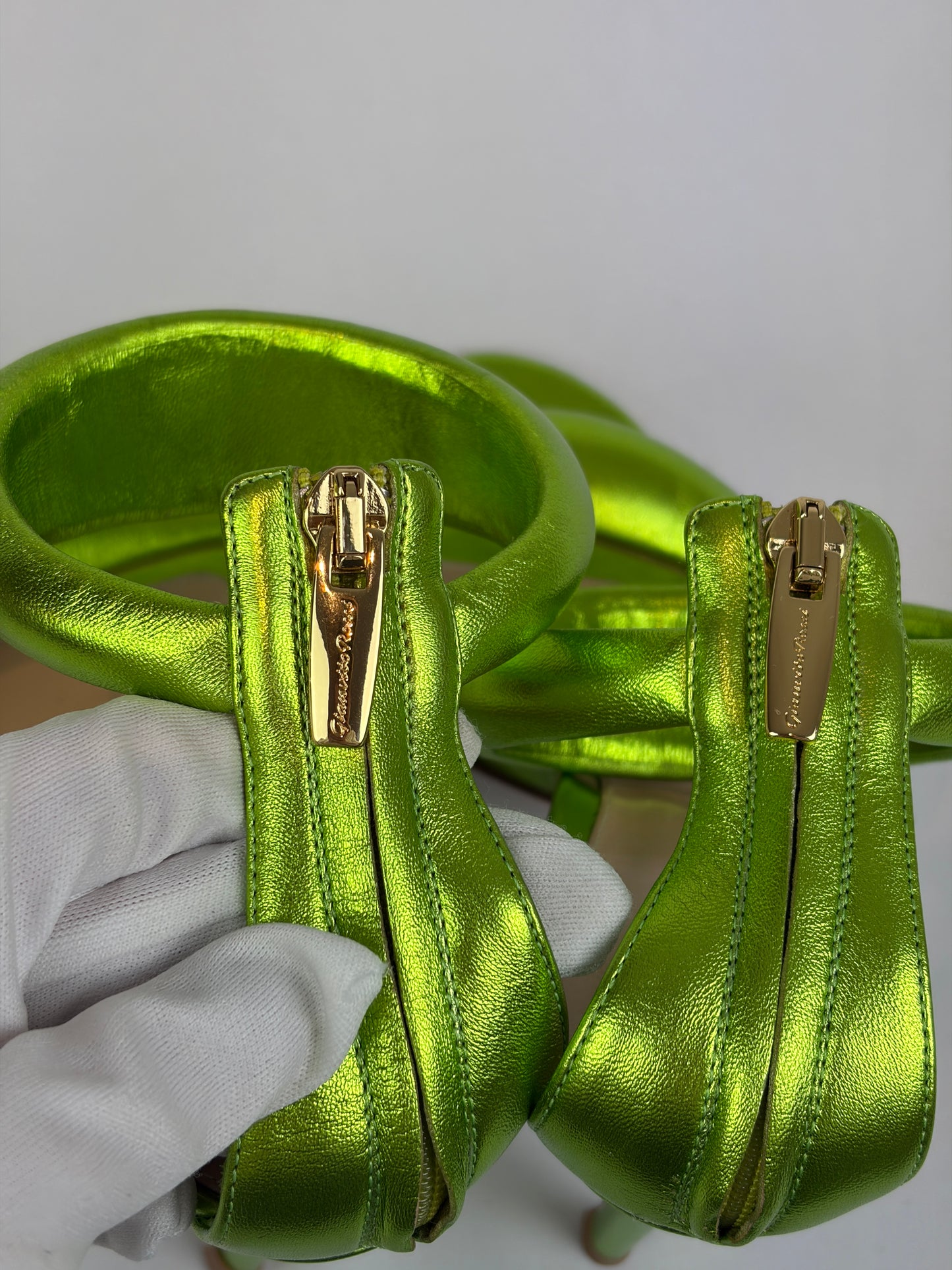 Gianvito Rossi Lime Green Metallic Leather Heeled Sandals - 4.5 UK