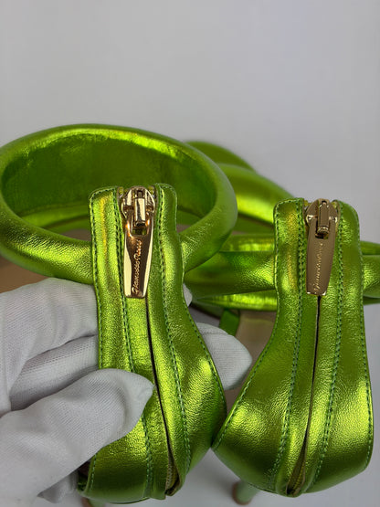 Gianvito Rossi Lime Green Metallic Leather Heeled Sandals - 4.5 UK