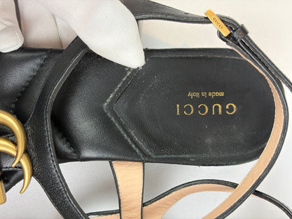 Gucci Marmont Black Leather Double G Buckle Flat Sandals - 5 UK