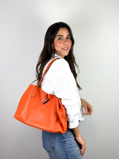 Longchamp Roseau Essential Tote Grained Leather Orange