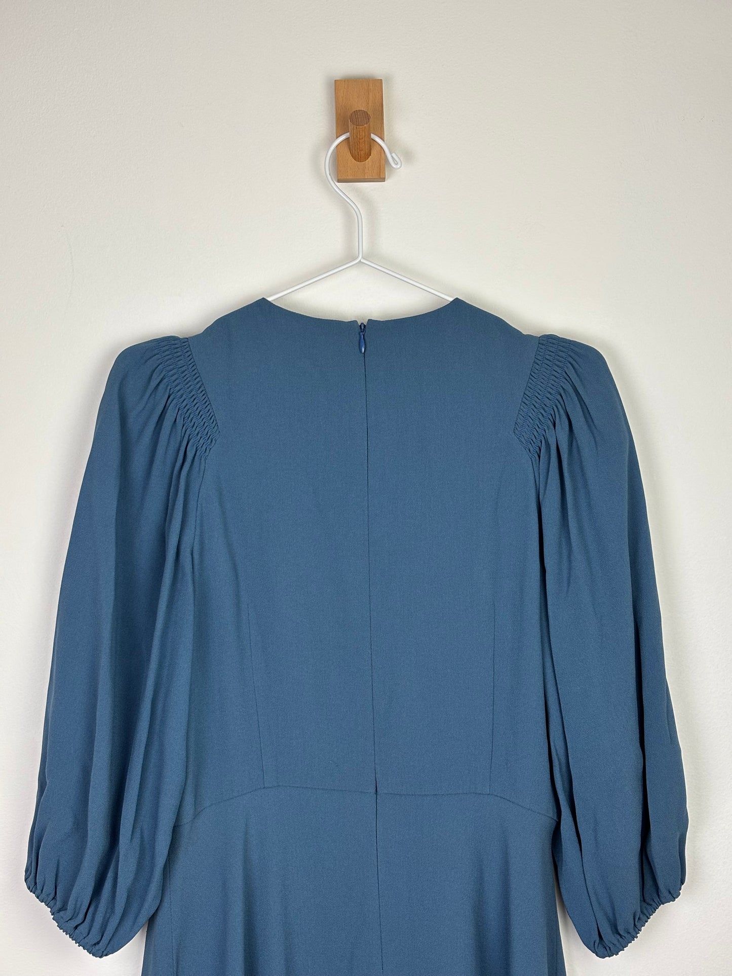RED Valentino Smocked Puff-Sleeve Midi Dress in Petrol Blue Acetate-Viscose - 10 UK