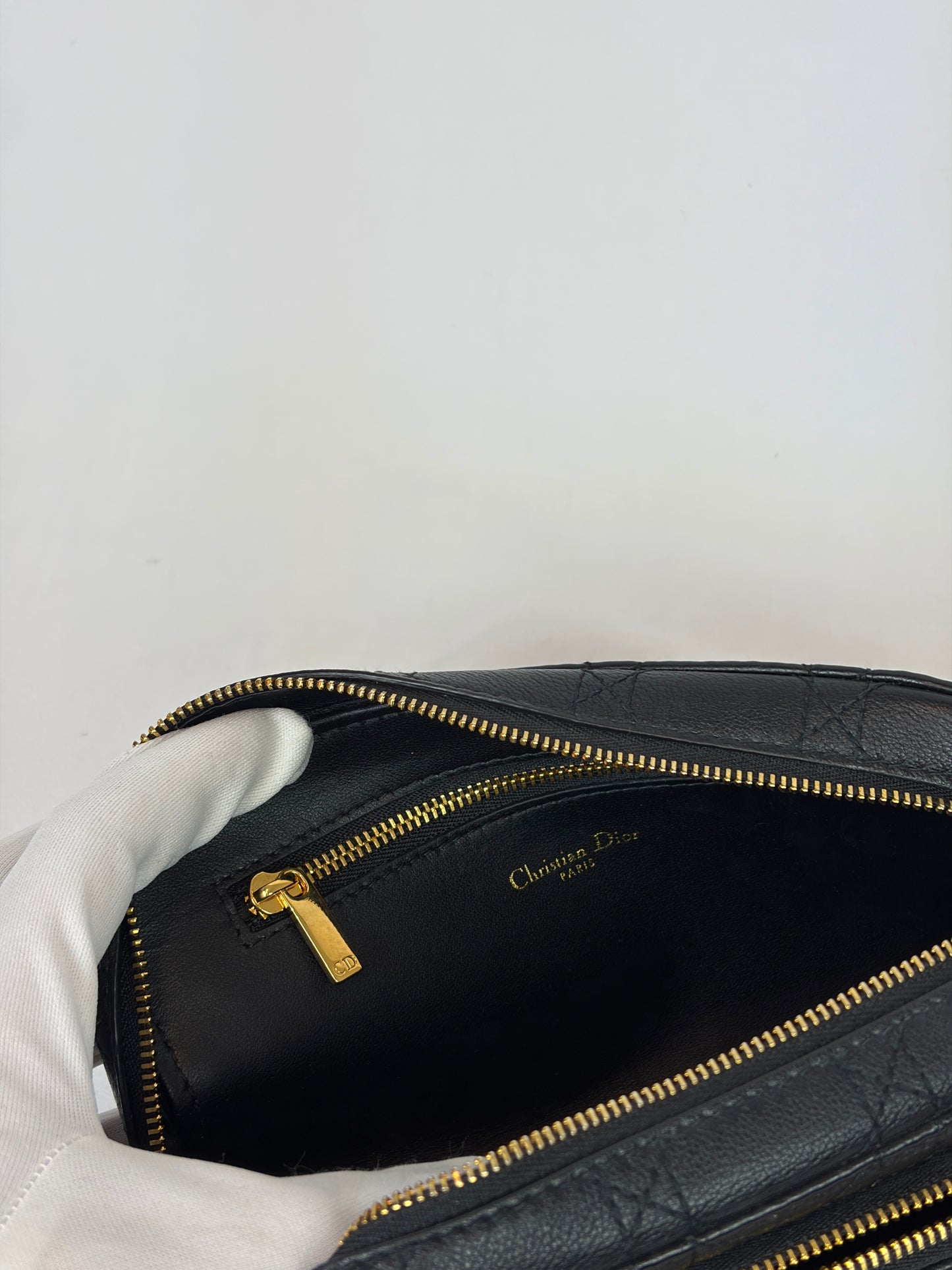 Christian Dior Black Cannage Leather Caro Double Pouch Crossbody Bag