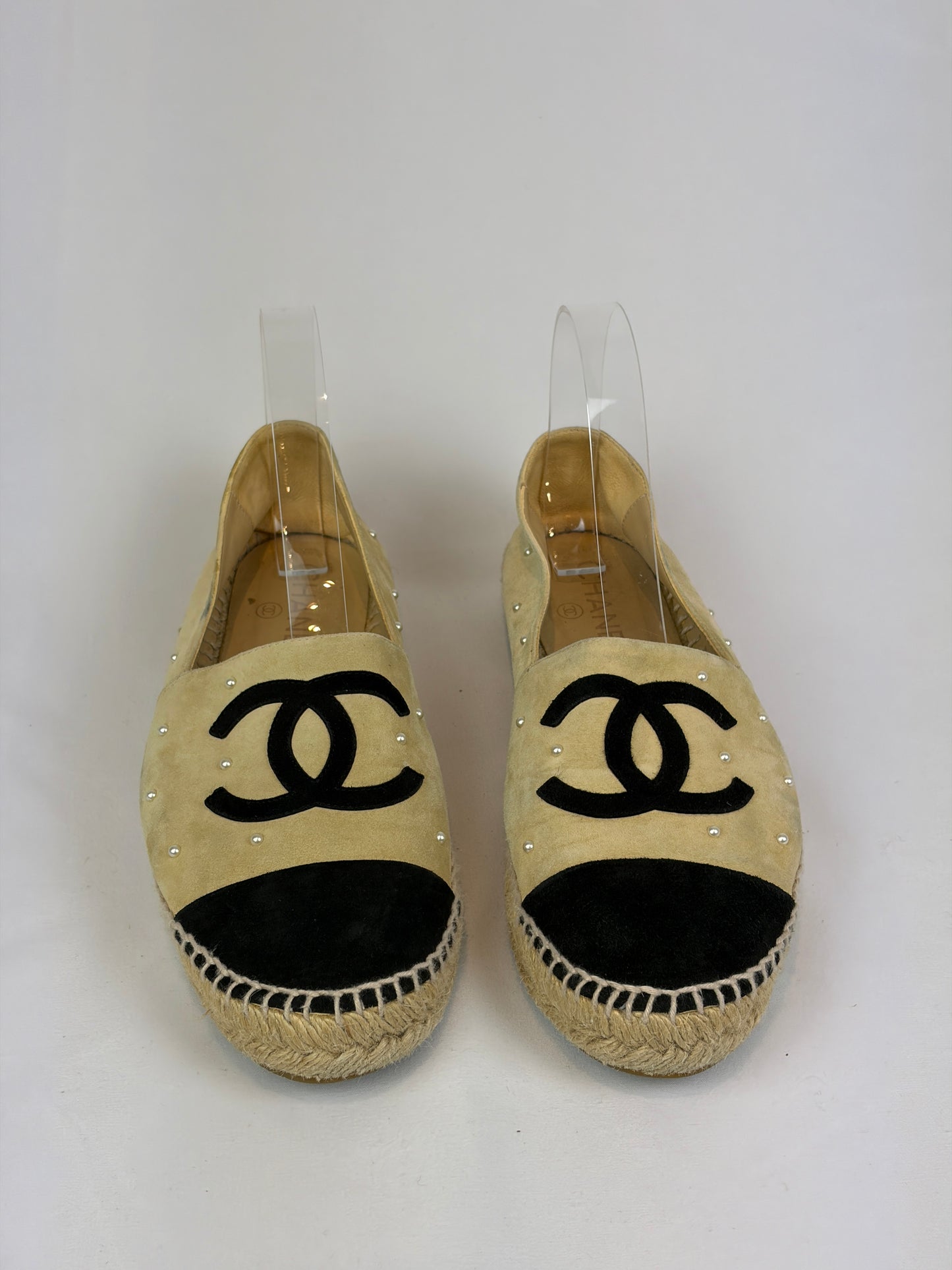 Chanel Beige Suede Pearl Embellished CC Espadrilles - 6 UK