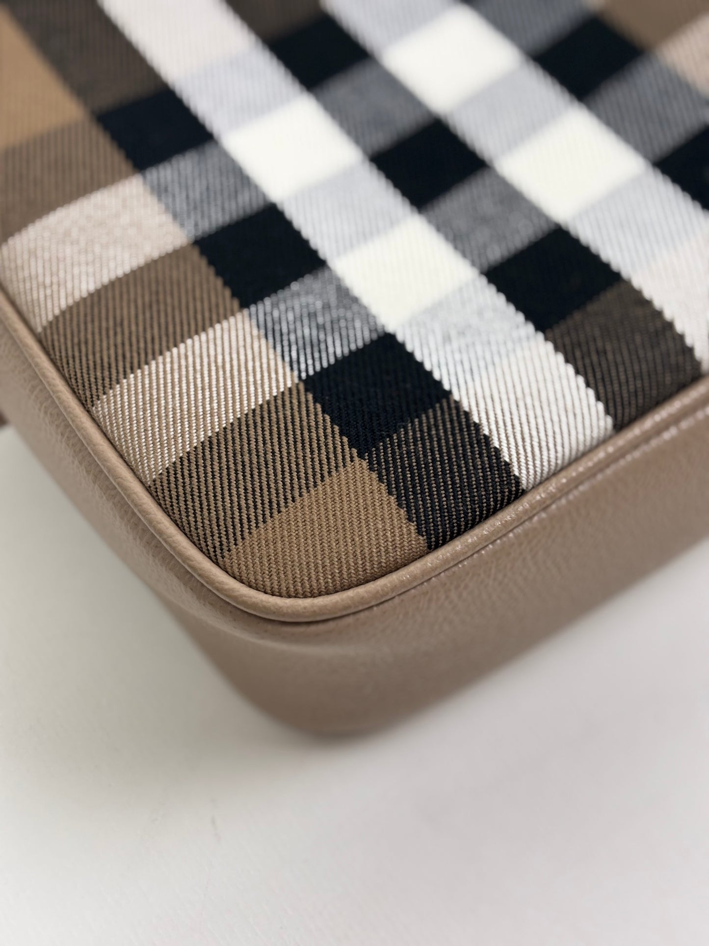 Burberry Check Camera Bag in Chestnut Beige Leather and Canvas